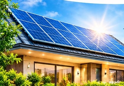 Home with a rooftop solar array in bright sunlight