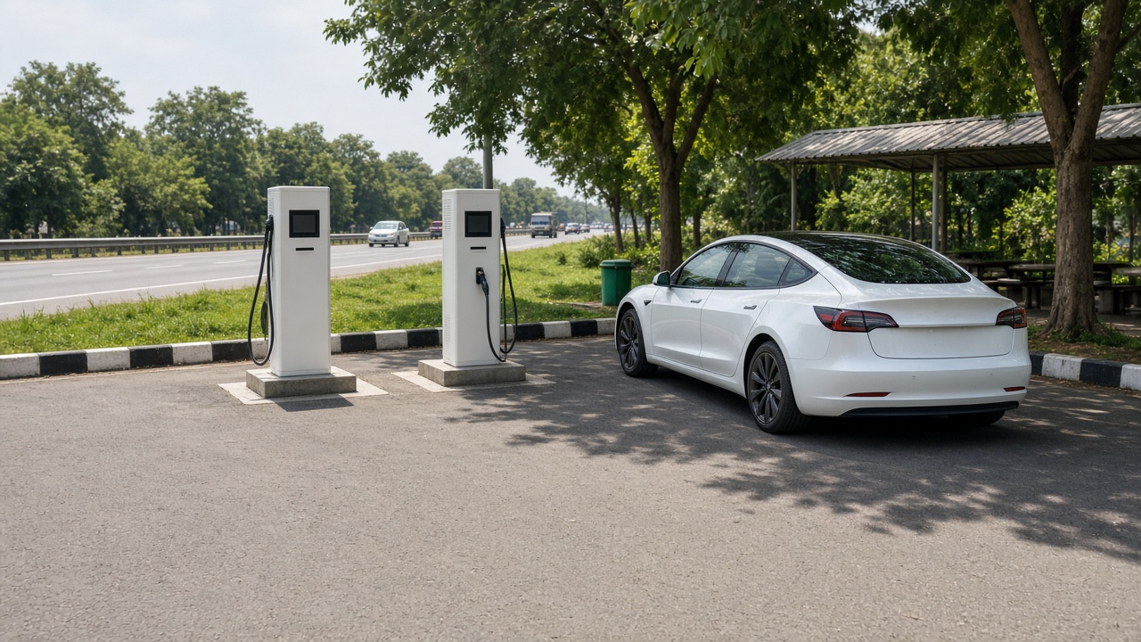 Cars charging under a solar canopy at a public charging site