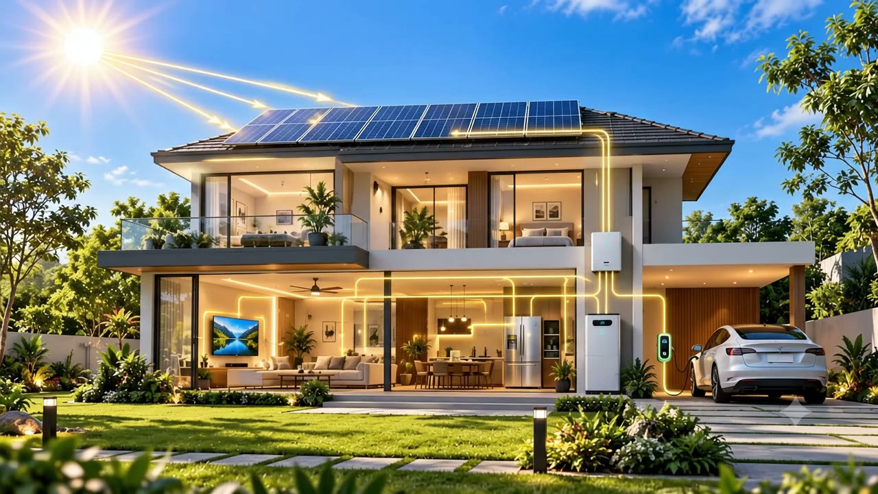 Home in a green garden with rooftop solar, a battery and an electric car charging under the carport